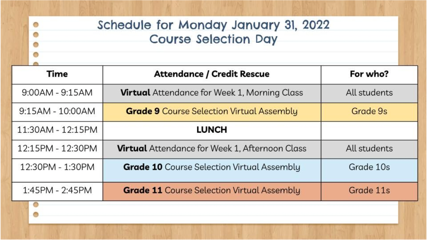 Schedule for Course Selection (Monday)